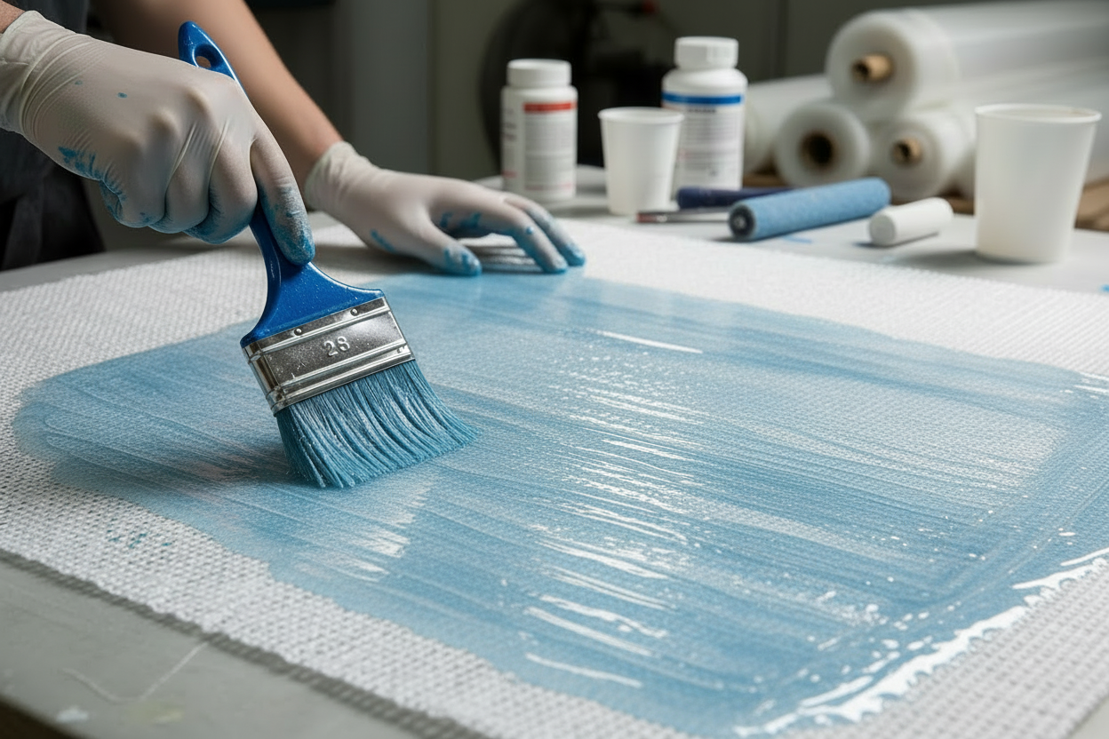 Someone applying laminating resin over fiberglass mat